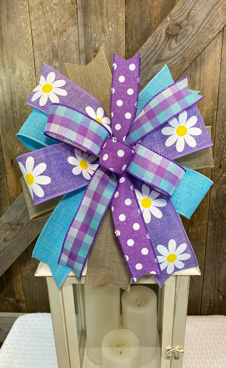 Bright Flower Bow for Lantern, Spring Summer Bow for Wreath, Purple Floral Bow Decor, Colorful Spring Flower Lantern Topper, Easter Decor image 8