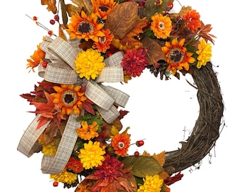 Fall Floral Grapevine Wreath for Front Door, Flower Door Decor, Fall Floral Wreath,  Farmhouse Wreath, Thanksgiving, Fall Leaves Decor