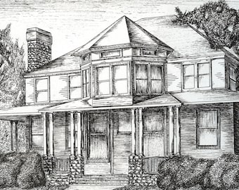 Custom House Pen and Ink Architectural Drawing Original hand drawn home rendering