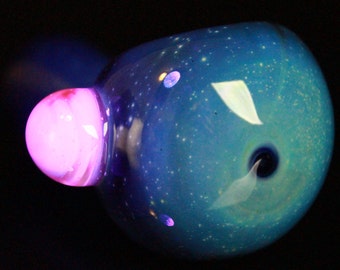 UV Glow Galaxy Cobalt Space Pipe Fumed Cobalt Glass Pipe, Heady Hand Blown with Lucy Pink Slyme