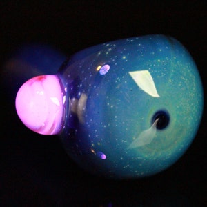 UV Glow Galaxy Cobalt Space Pipe Fumed Cobalt Glass Pipe, Heady Hand Blown with Lucy Pink Slyme