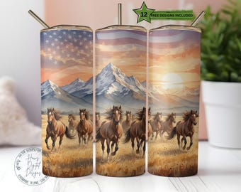 Western Horse Tumbler Wrap: Running Herd Sublimation Design, Patriotic Mountain PNG (Digital Download) 140