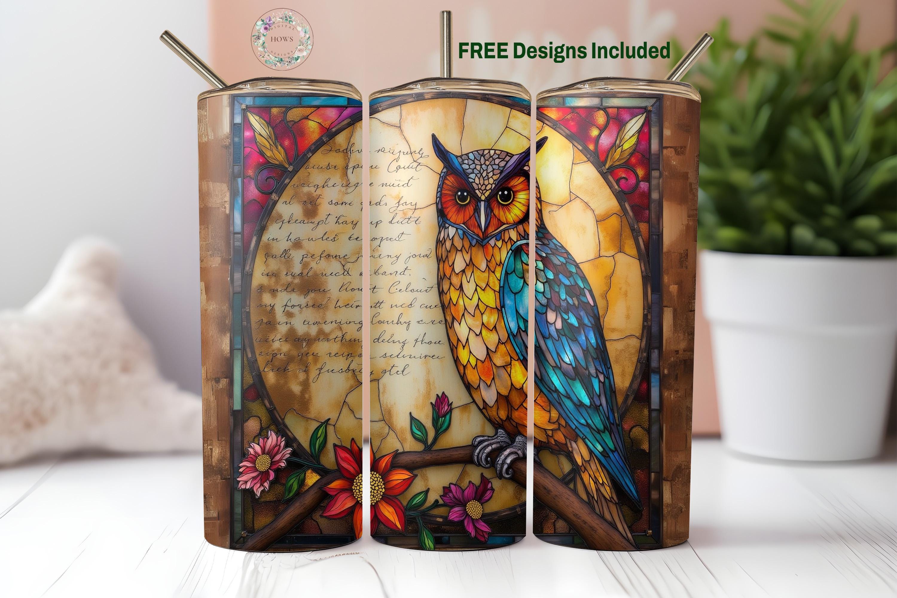 Stained Glass Owl Tumbler Wrap, 20oz Skinny Tumbler Design File, Colorful Floral Owls Sublimation De