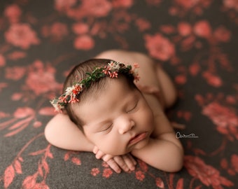 Scarlet Floral Backdrop, Newborn Photo Prop, Charcoal and Red Floral Fabric, Newborn Posing Fabric, Fabric Backdrop, Newborn Floral Backdrop