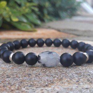 Men&#39;s Black Onyx Bracelet: Tourmalinated Quartz, Healing Crystal