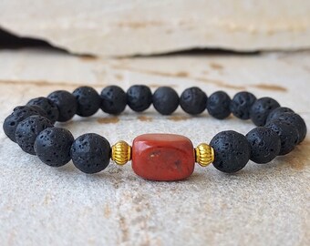 Lava Stone and Red Jasper Gemstone Bracelet - Aromatherapy Mindful Christmas Gift
