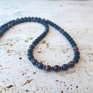 Men&#39;s Black Onyx and Red Tiger&#39;s Eye Crystal Necklace - Protection, Strength, Vitality Healing