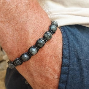 Zwarte maansteen herenarmband, larvikietarmband, verstelbare armband, 8 mm natuurstenen, meditatie, yoga, mala, boho, maanarmband
