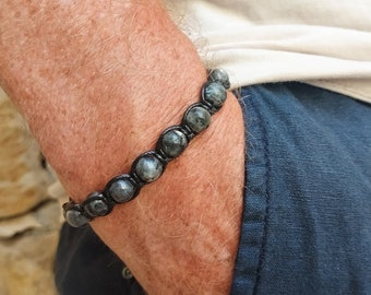 Black Moonstone Mens Bracelet, Larvikite Bracelet, Adjustable Bracelet, 8mm Natural Stones, Meditation, Yoga, Mala, Boho, Moon Bracelet