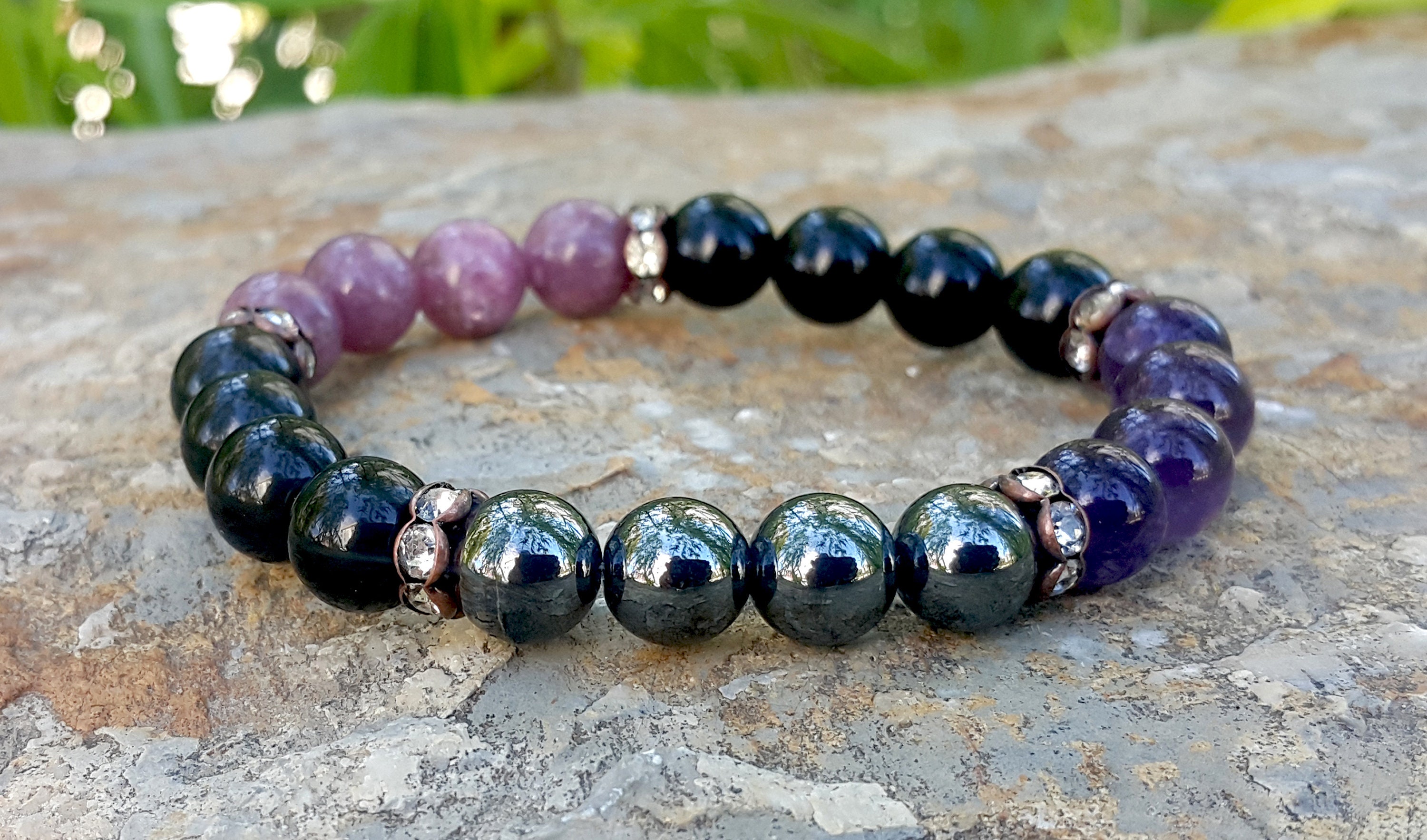 Black Tourmaline Lepidolite Amethyst Hematite Bracelet Etsy