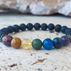 7 Chakra Lava Stone Bracelet with Crystal Beads for Meditation and Healing