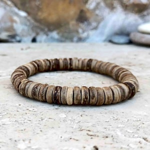 Natural Coconut Wood Heishi Bead Bracelet: Boho Stacking Jewelry