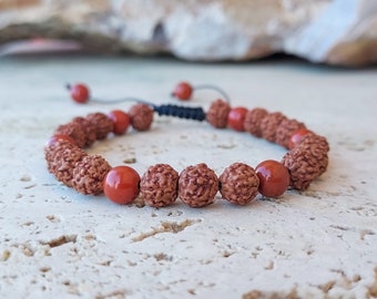 Adjustable Dainty Rudraksha Seeds Bead Bracelet with Red Jasper - Yoga Meditation Jewelry, Minimalist Wrist Mala, Spiritual Gift