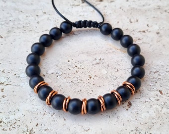 7th Anniversary Gift for Him - Copper and Black Onyx Adjustable Cord Bracelet, Copper Jewelry Gift for Men