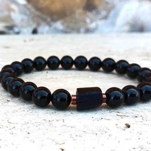Black Tourmaline Protection Bracelet - Raw and Polished Stones, Root Chakra, Unisex Stretchy Bracelet