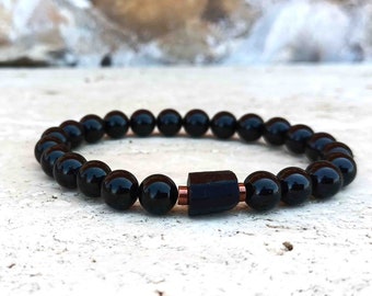 Black Tourmaline Protection Bracelet - Raw and Polished Stones, Root Chakra, Unisex Stretchy Bracelet