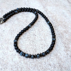 Mens Larvikite Necklace: Black Onyx, Hematite, Grounding Stone