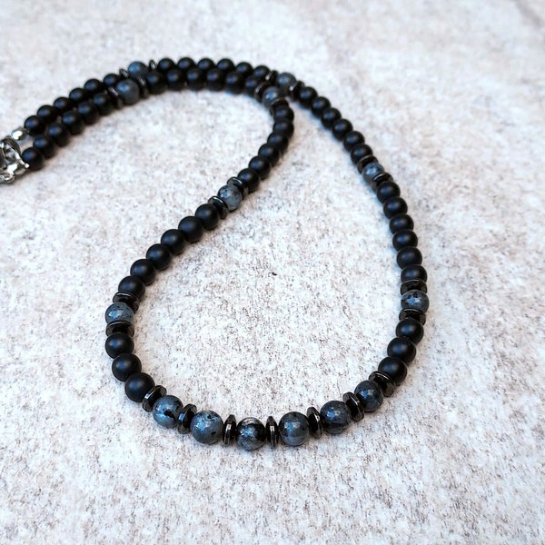 Mens Natural Stone Larvikite Necklace with Black Onyx, Black Moonstone Necklace for Man, 6mm Stones, Protective, Grounding Crystal Necklace