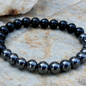 Black Onyx & Hematite Bracelet for Men: Grounding, Chakra Mala