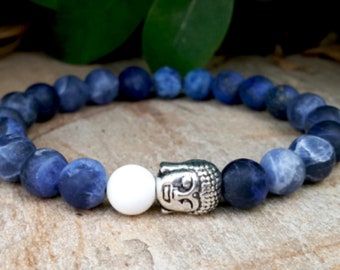 Sodalite Stone Silver Buddha Bead Bracelet for Men, Matte Blue Sodalite, White Coral, Spiritual Yoga Meditation Buddhist Bracelet