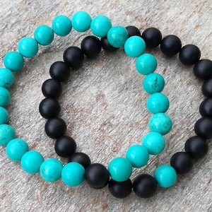 Couples Bracelet Set: Turquoise & Black Onyx Gemstone Beads