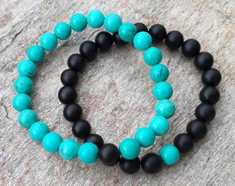 Bracciali Magnetici Per Coppie | Con Perline Turchesi Naturali E Agata Nera | Regolabili 17,8-27,9 Cm | Regalo Anniversario/Fidanzamento