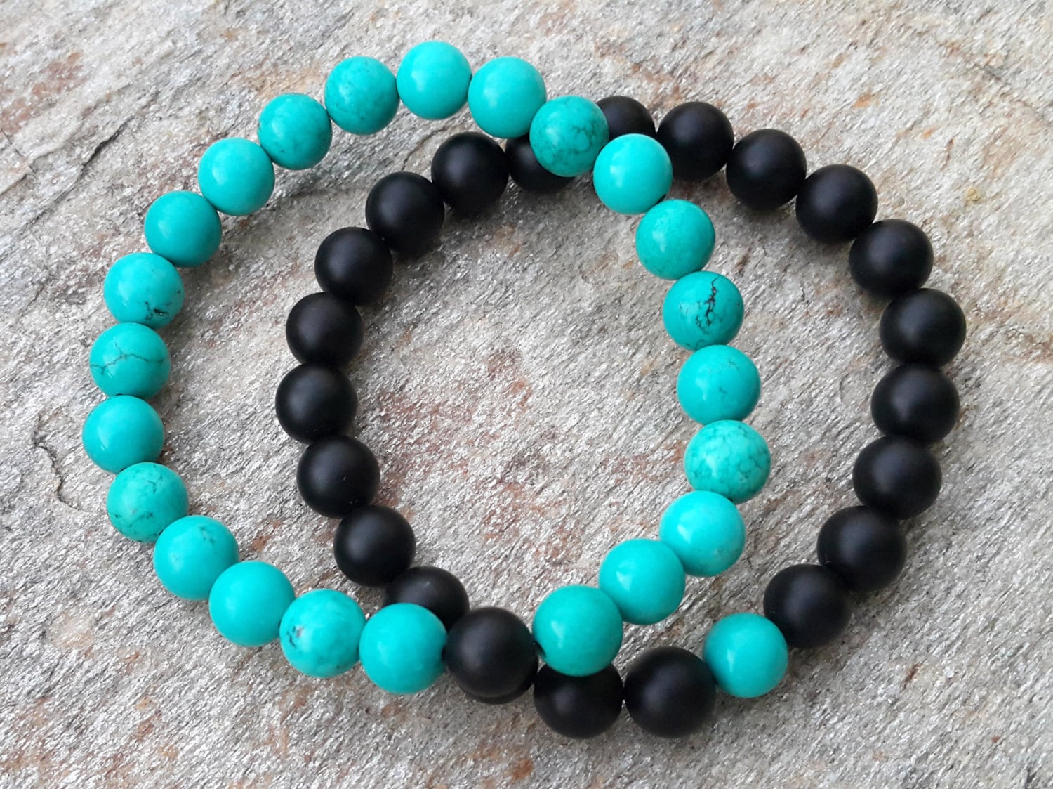 Luckeey Coppia Di Braccialetti Coordinati - Colore Nero/Turchese, Taglia Unica