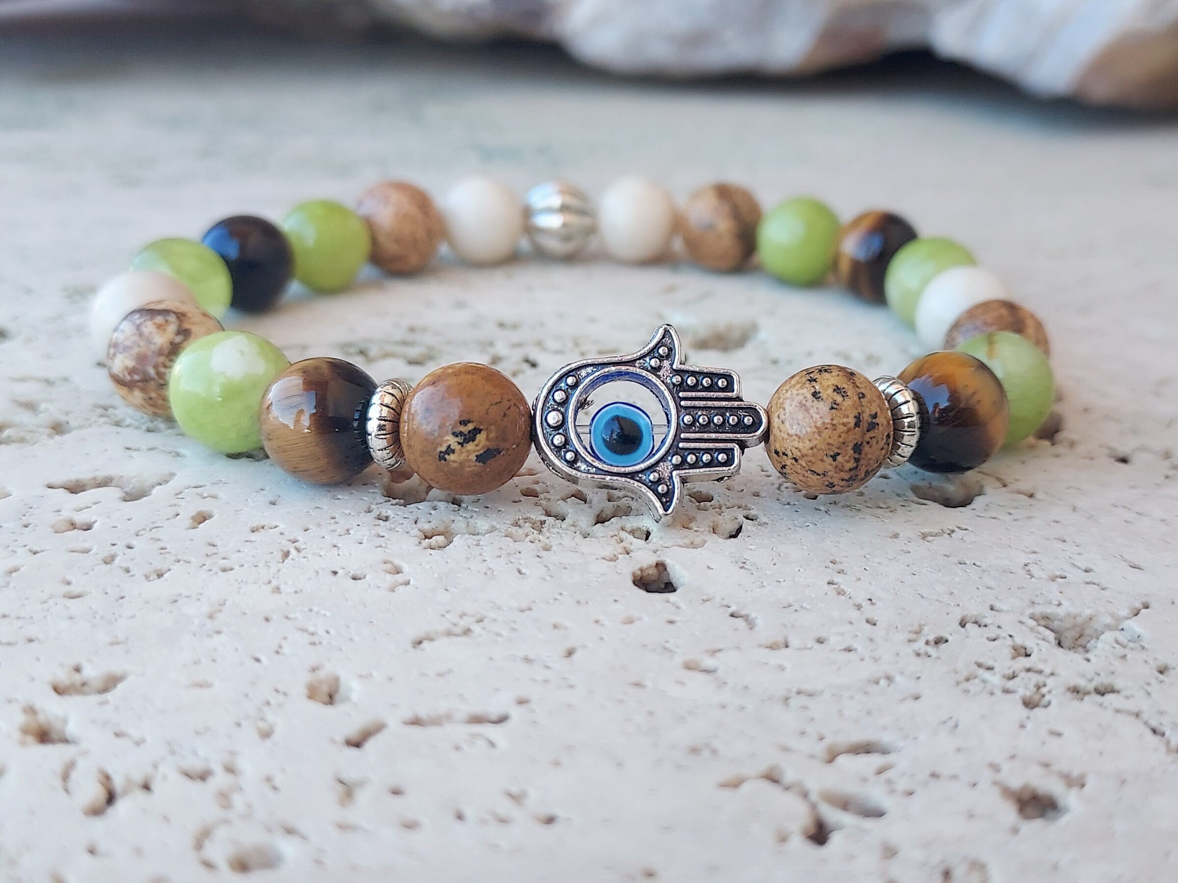 Hand of Fatima Men s Bracelet Mixed Natural Stones Hamsa Hand of