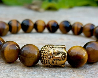 Tiger's Eye Buddha Bracelet: Gold Charm, Buddhist Jewelry UK