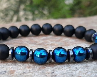 Men's Matte Black Onyx & Blue Hematite Beaded Bracelet