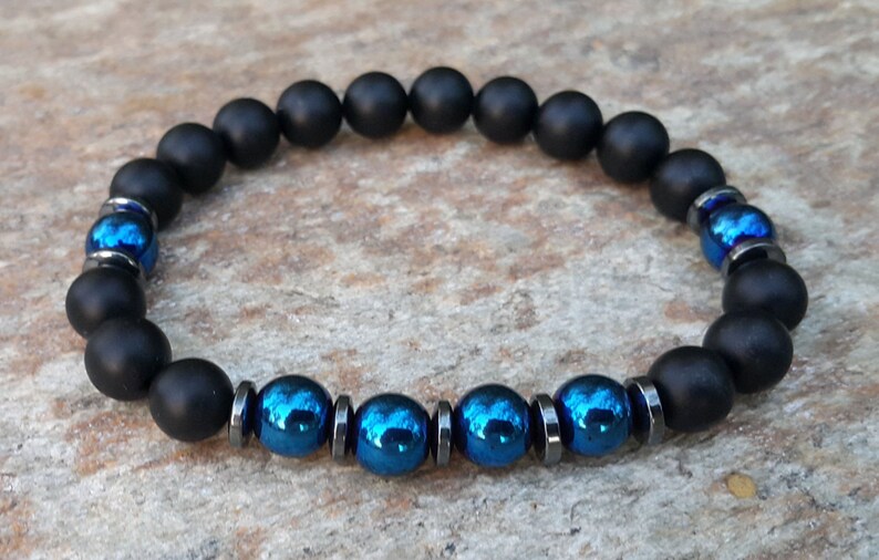 Men's Beaded Bracelet Black Onyx Bracelet Blue Hematite Etsy