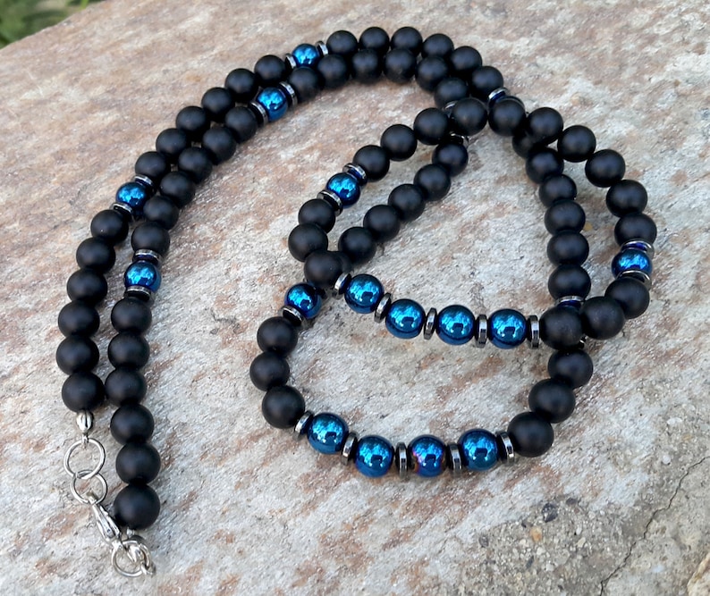 Men's Beaded Bracelet Black Onyx Bracelet Blue Hematite Etsy UK