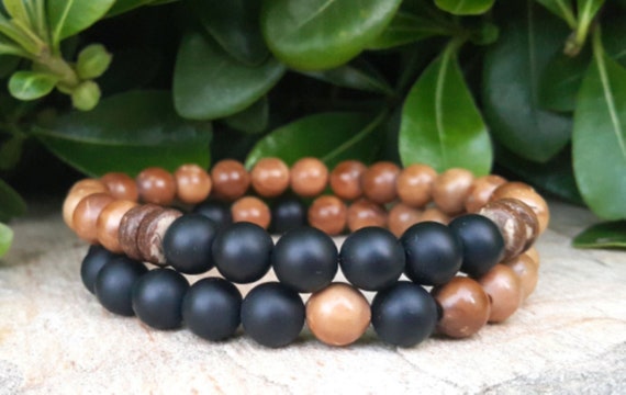 Bracelet Pierre De Lune D’Inde + Perles Onyx Noir Mat + Bois 8 Mm – Neuf Avec étiquettes – A Bijoux