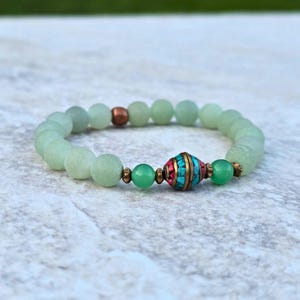 Green Aventurine Beaded Bracelet: Tibetan Brass Inlay, Boho Spiritual Jewelry
