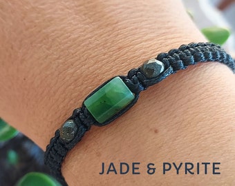 Green Jade & Pyrite Good Luck Bracelet - Unisex Adjustable Wrist Mala, Natural Gemstone, Gift for Men and Women