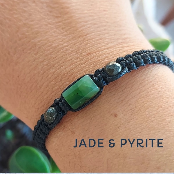 Bracelet porte-bonheur en jade vert et pyrite - Mala de poignet réglable unisexe, pierre précieuse naturelle, cadeau pour homme et femme