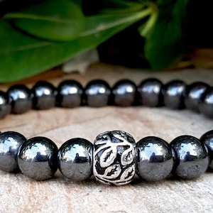 Pulsera de hematita: Cuentas de hoja de plata esterlina, Mala de conexión a tierra