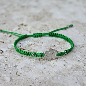 Dainty Four Leaf Clover Bracelet: Green Waterproof Cord, Good Luck Charm