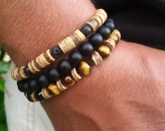 Men's Coconut Wood Gemstone Bracelet Trio - Tigers Eye, Black Onyx, Lava Stone - Stacking Set for Bohemian Style and Protection