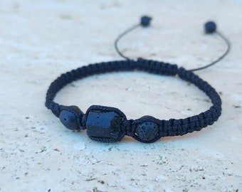 Raw Black Tourmaline Lava Stone Bracelet, Spiritual Protection Jewelry