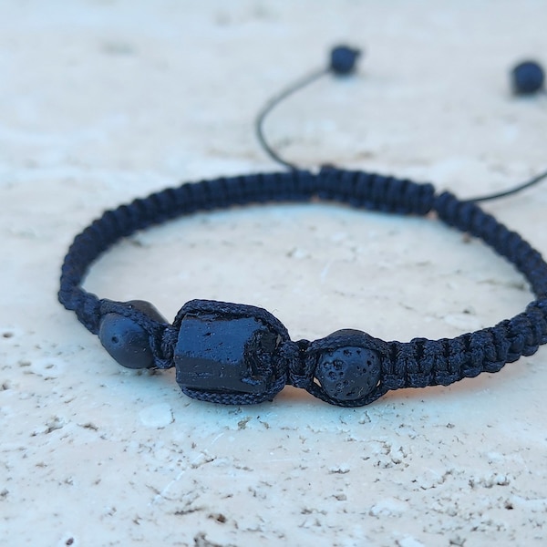 Men's Women's Minimalist Spiritual Protection Strength Bracelet, Raw Black Tourmaline, Volcanic Lava Stone Bracelet, Root Chakra Yoga Beads