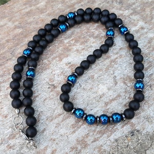 Mens Black Onyx & Blue Hematite Beaded Necklace
