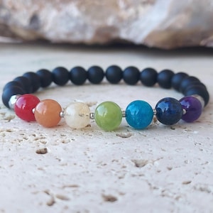 7 Chakra Bracelet: Matte Black Onyx, Silver Hematite & Gemstone