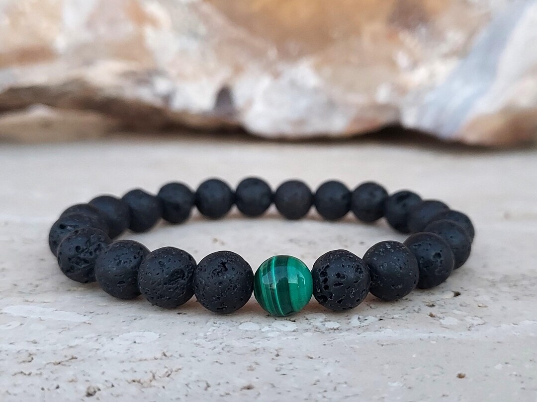 Bracciale Uomo Pietre Naturali - Lava Nera E Malachite Verde Poligonale, Cristallo Elastico Moda - 4