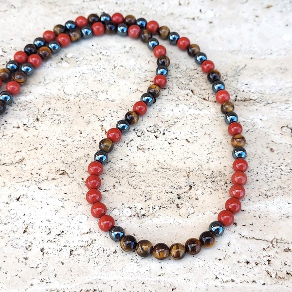 Men's Red Jasper, Tigers Eye, and Hematite Beaded Necklace - Natural Stone Jewelry for Energizing Strength and Power, Gifts for Him