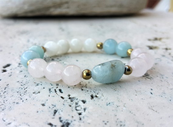 Bracciale della fertilità - Acquamarina, Quarzo rosa, Pietra di luna - Cristalli della fertilità - Regalo per la futura mamma - Bracciale elastico - Perline da 8 mm - Italia