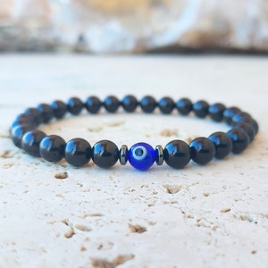 Black Tourmaline Evil Eye Bracelet: Gemstone Protection Jewelry