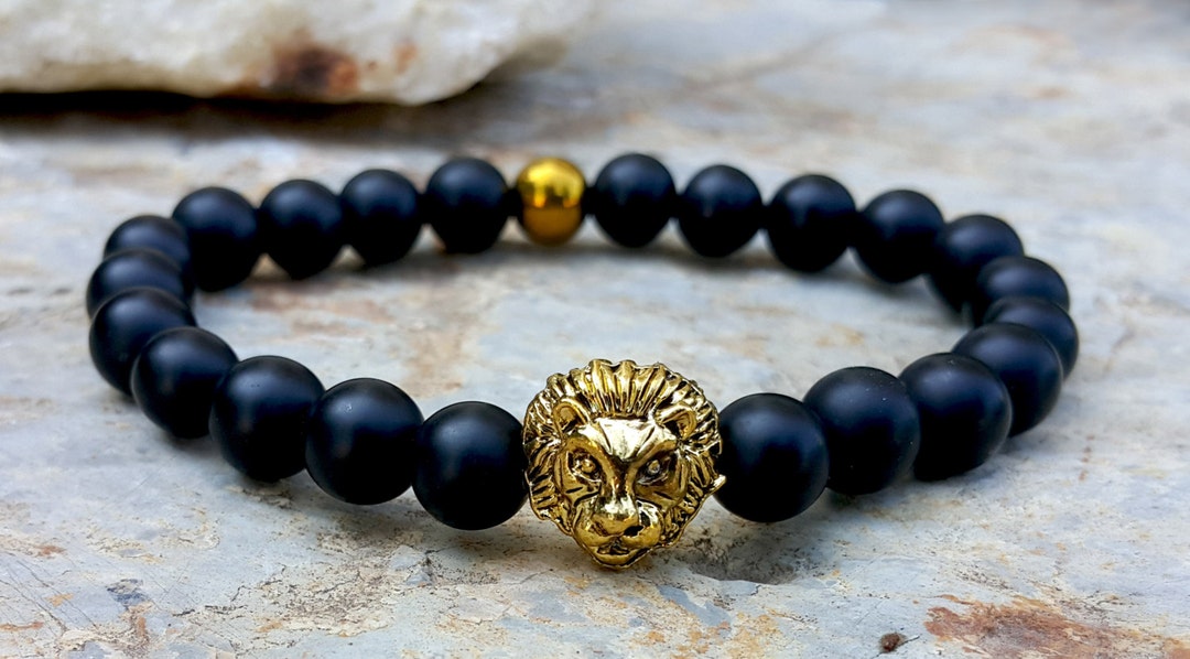 Lion Bracelet Mens Bracelet Black Onyx Beaded Lion Jewelry for Man