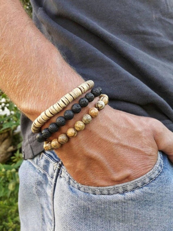 Mens Wood Bead Gemstone Bracelet Set Lava Stone Picture Jasper