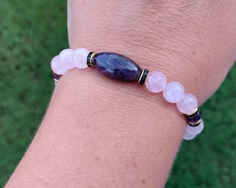 Amethyst & Rose Quartz Bracelet – Healing Crystal Mala Beads, Anxiety Relief Self Love Gift